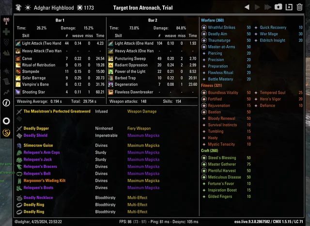 ESO optimized combat build during endgame gameplay
